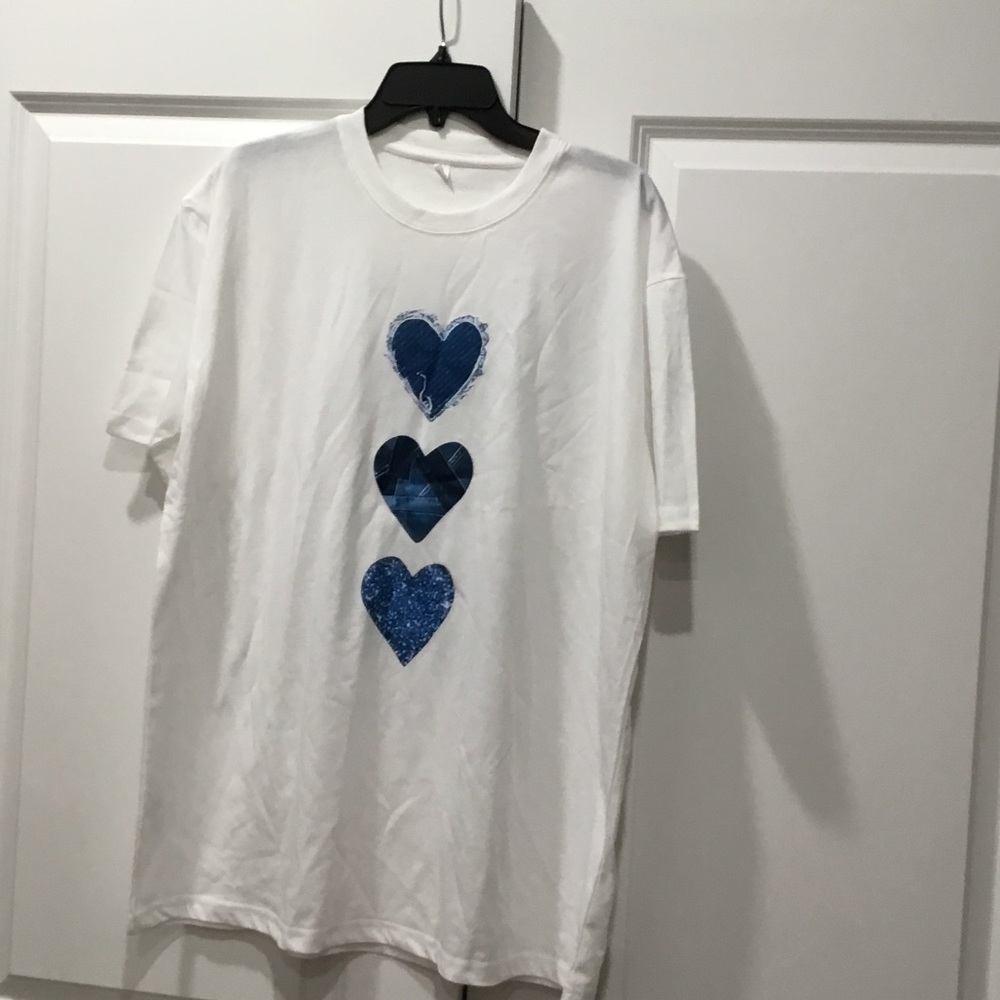 NWT Women’s White T-Shirt with Blue Heart Trio